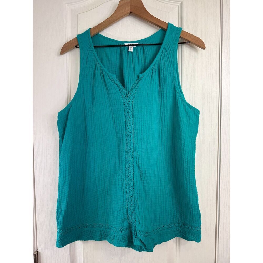 Sonoma Women's Teal Gauze Cotton Tank Top Lace Trim Sleeveless Size L Large